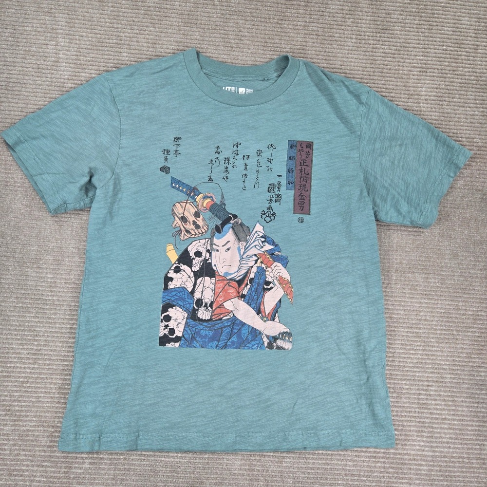 Uniqlo Mens S Teal MFA Boston Ukiyo-e Samurai Graphic Slub T-Shirt